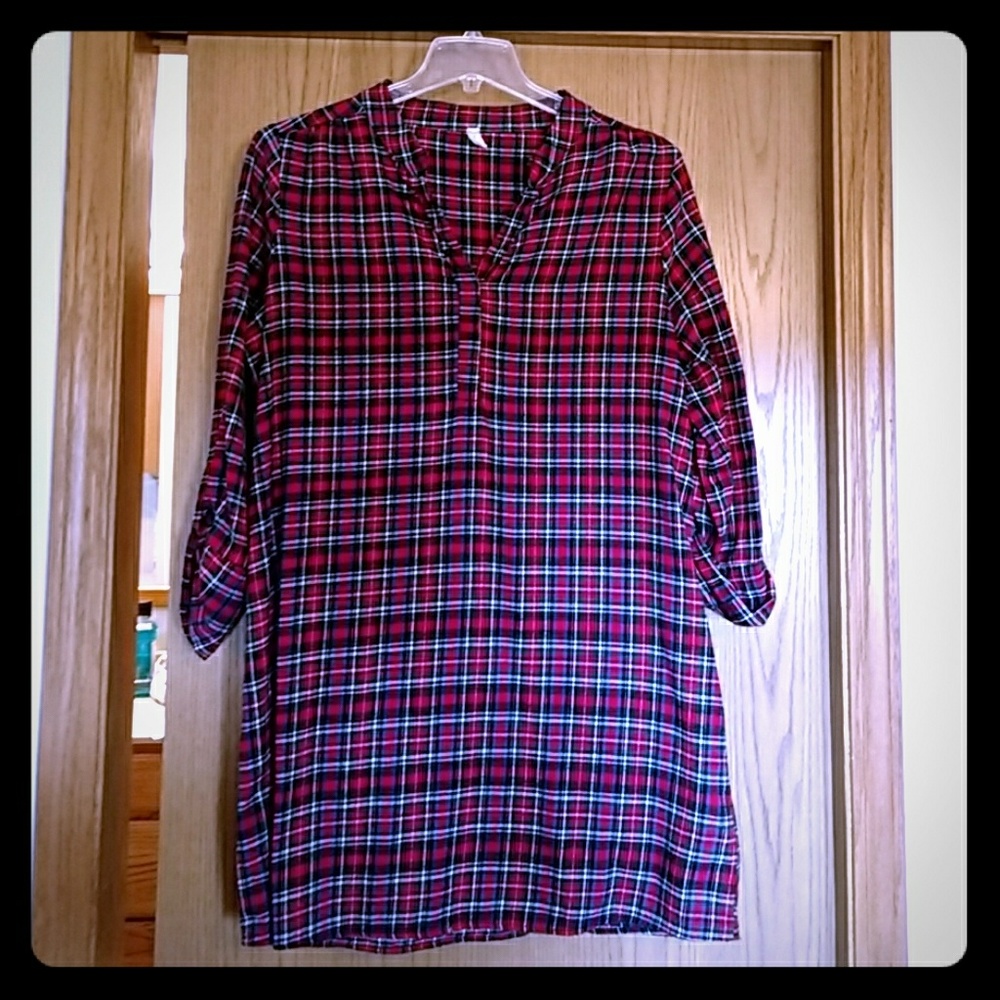 Pink blush plaid flannel tunic maternity